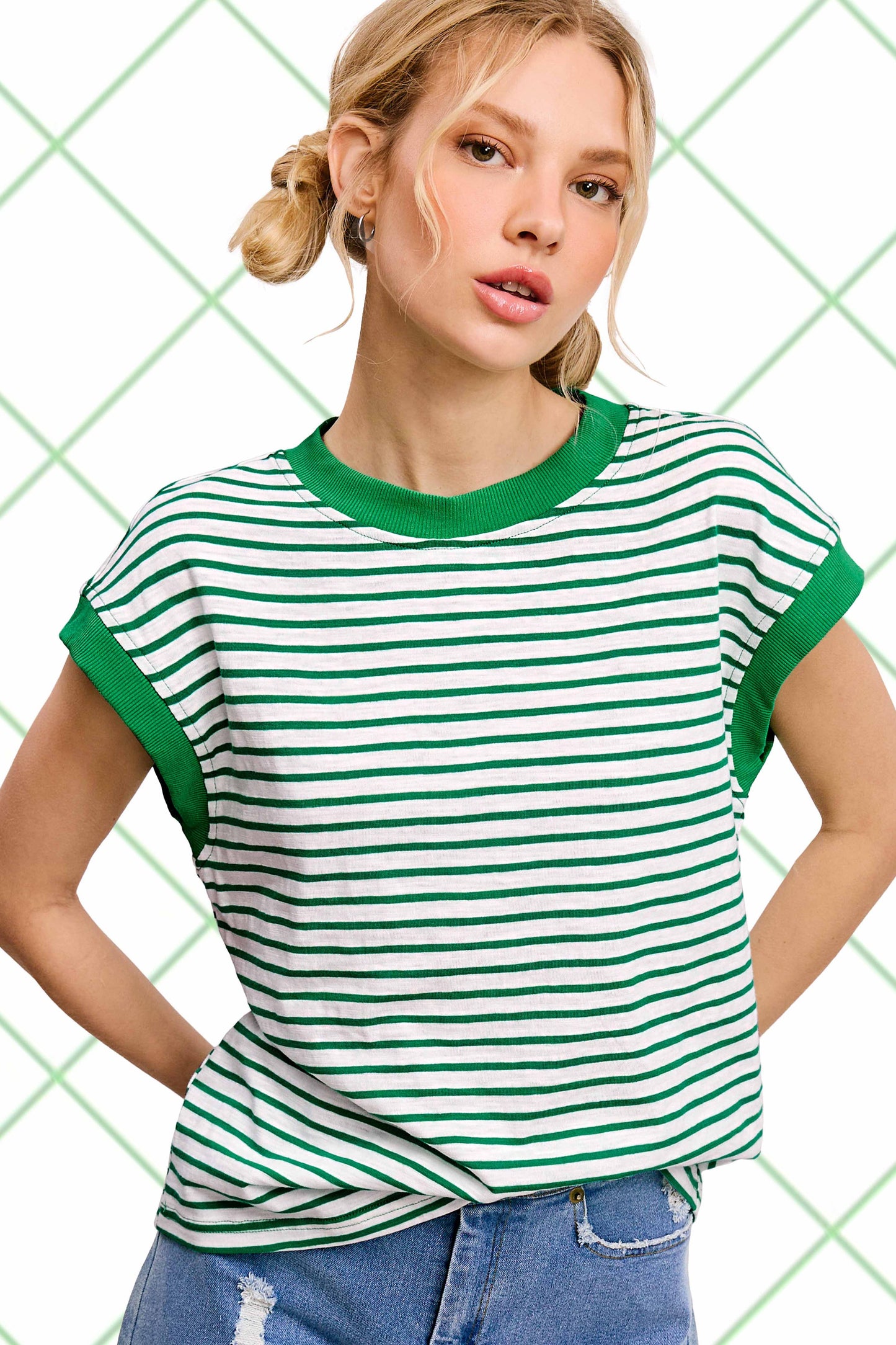 JDT7710 Shirts Women’s Nautical Cap Sleeve Striped Top 4th of july