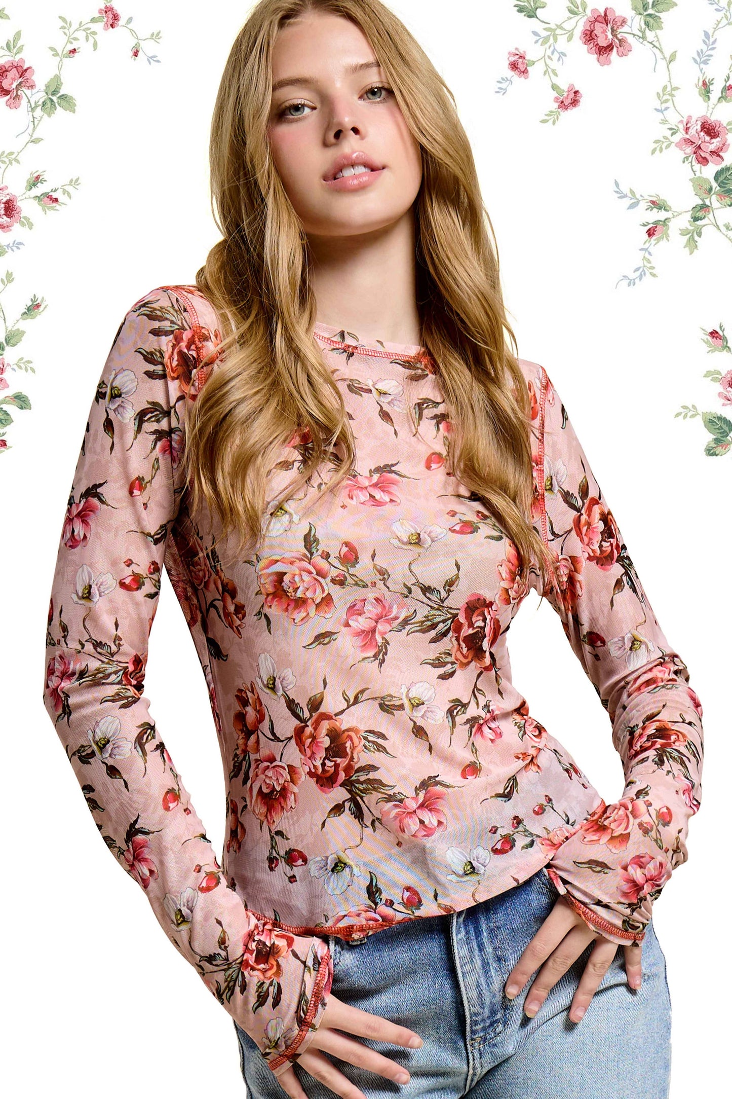 JDT7714-Semi Sheer Crew Neck Long Sleeve Mesh Layering Top