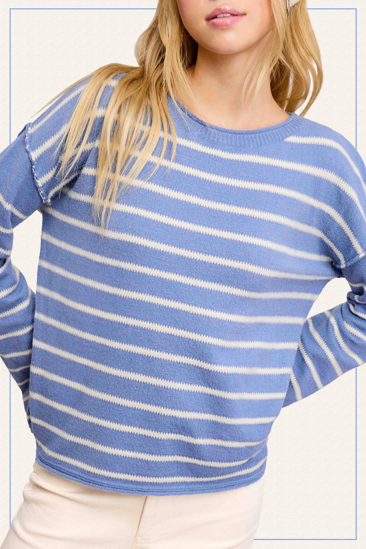 MCS3588-Striped Round Neck Loose Fit Long Sleeve Sweater