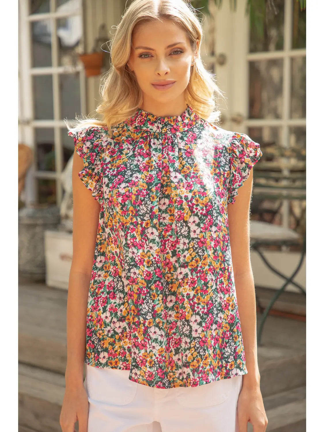 Shirts Women’s Venessa Sleeveless Ruffle Print Top 31652-2
