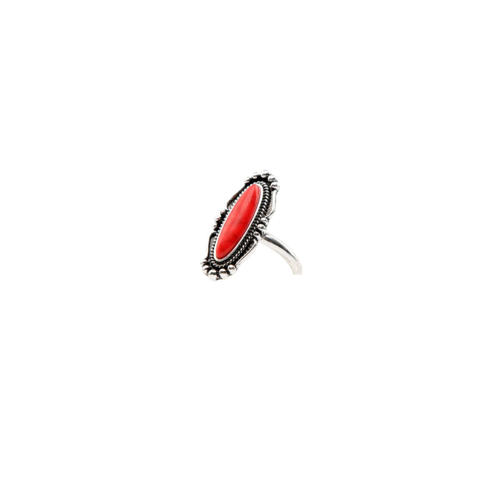 Burnished Silver Oval & Red Stone Ring  R251RD Jewelry