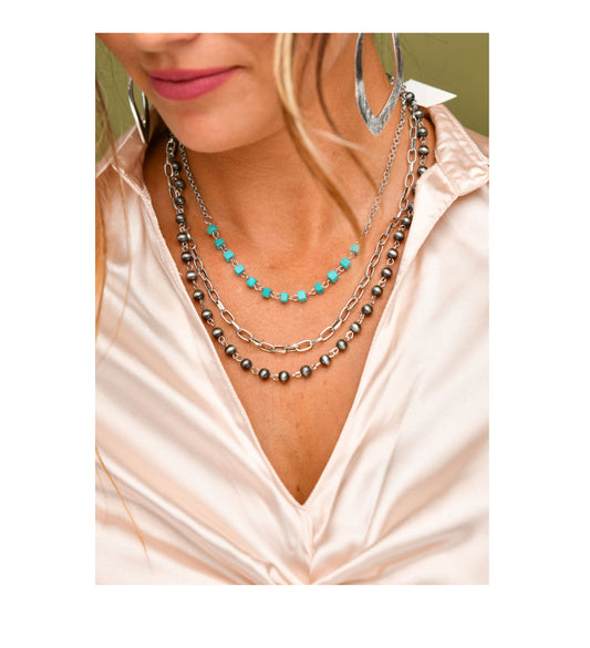 Three Strand Necklace with Turquoise and Faux Navajo Pearls N1289