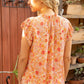 Shirts Women’s Salmon Floral Top with Pleated Sleeves and ruffled neck 32025-10