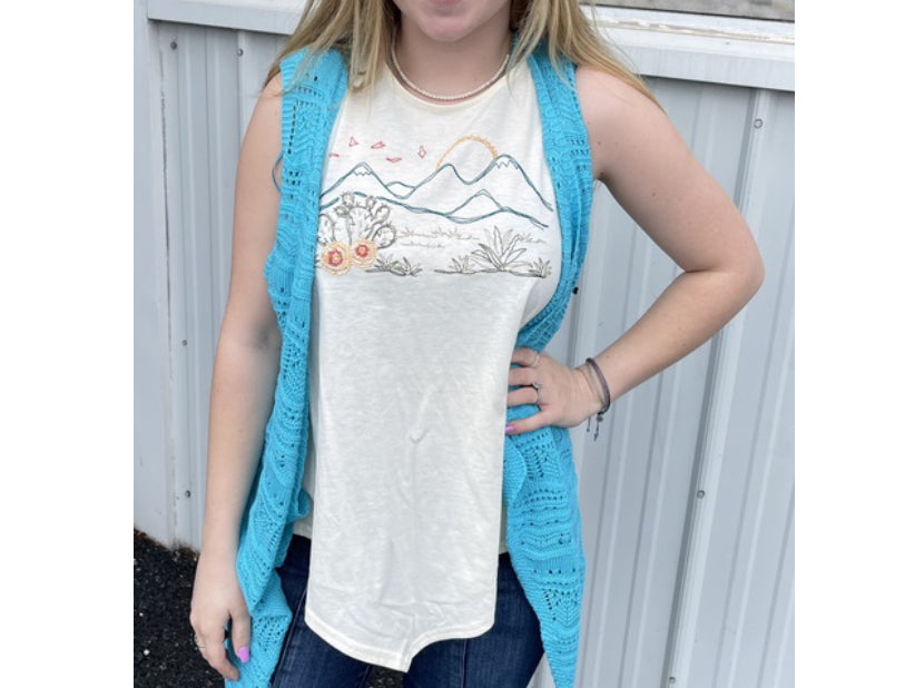 Shirts Women’s Rock n Roll Denim Flyaway Crocheted Vest Turquoise RRWT38RZOK