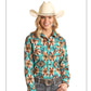 Shirts Womens Long Sleeve Pearl Snaps Turquoise Brown Aztec Print