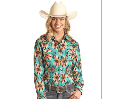 Shirts Womens Long Sleeve Pearl Snaps Turquoise Brown Aztec Print