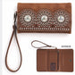 N7543302 "Rhianna" Style  Blazin Roxx Clutch Wallet  Tan* 7-1/2" x 4"  Soft Distressed Leather Texture  Set Off by Large Round Discs Centered by Rhinestone Conchos  Discs are Accented with Polished Silver Eyelets and Nailheads  Secured Snap Closure