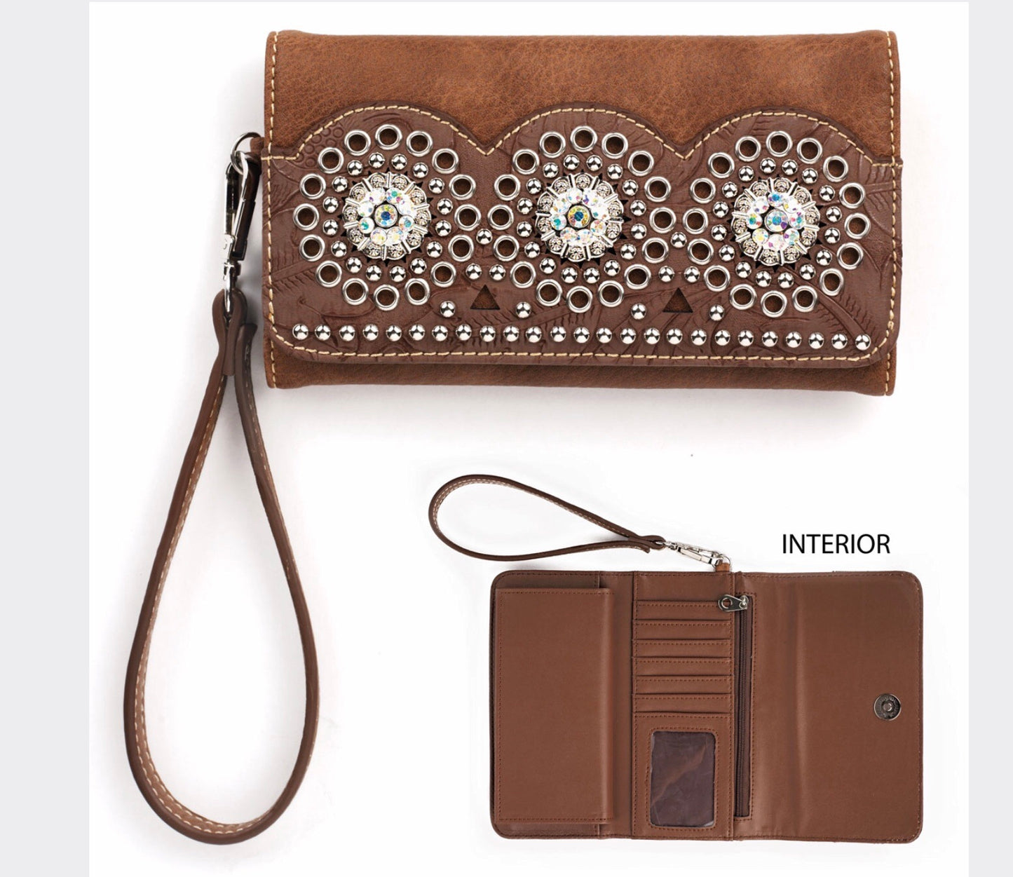 N7543302 "Rhianna" Style  Blazin Roxx Clutch Wallet  Tan* 7-1/2" x 4"  Soft Distressed Leather Texture  Set Off by Large Round Discs Centered by Rhinestone Conchos  Discs are Accented with Polished Silver Eyelets and Nailheads  Secured Snap Closure