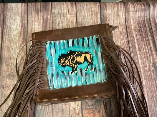 Handbag Purse w/hand painted buffalo trim and long fringe ADBGM109P2