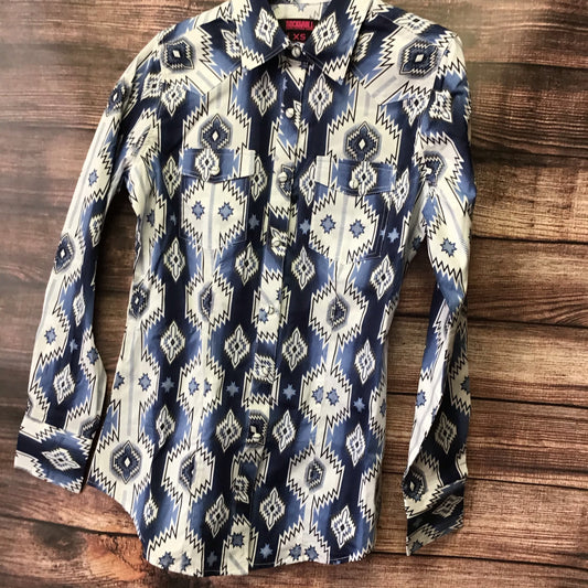 Shirts Kid’s & Juniors Long Sleeve Western Blue and White Aztec Print B4S3317