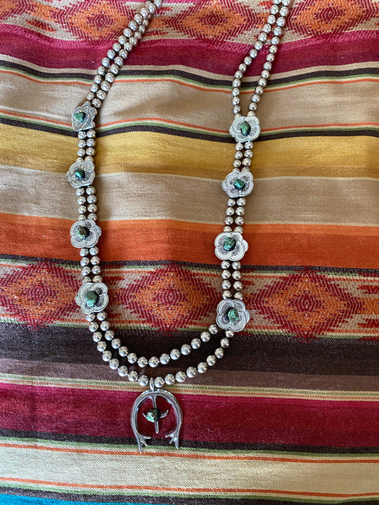Pewter Squash necklace with blossom & turquoise accents N1157