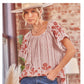 Shirts Women’s Rust and Cream Embroidered Top Round Neckline Short Sleeves