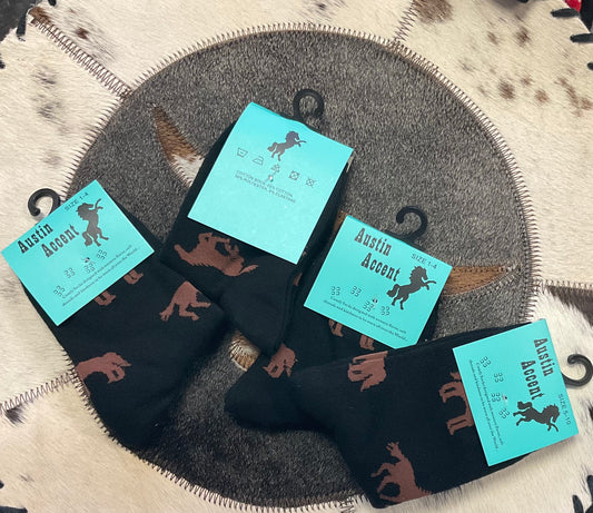 Kids Socks 3473 Black with Brown Horses.