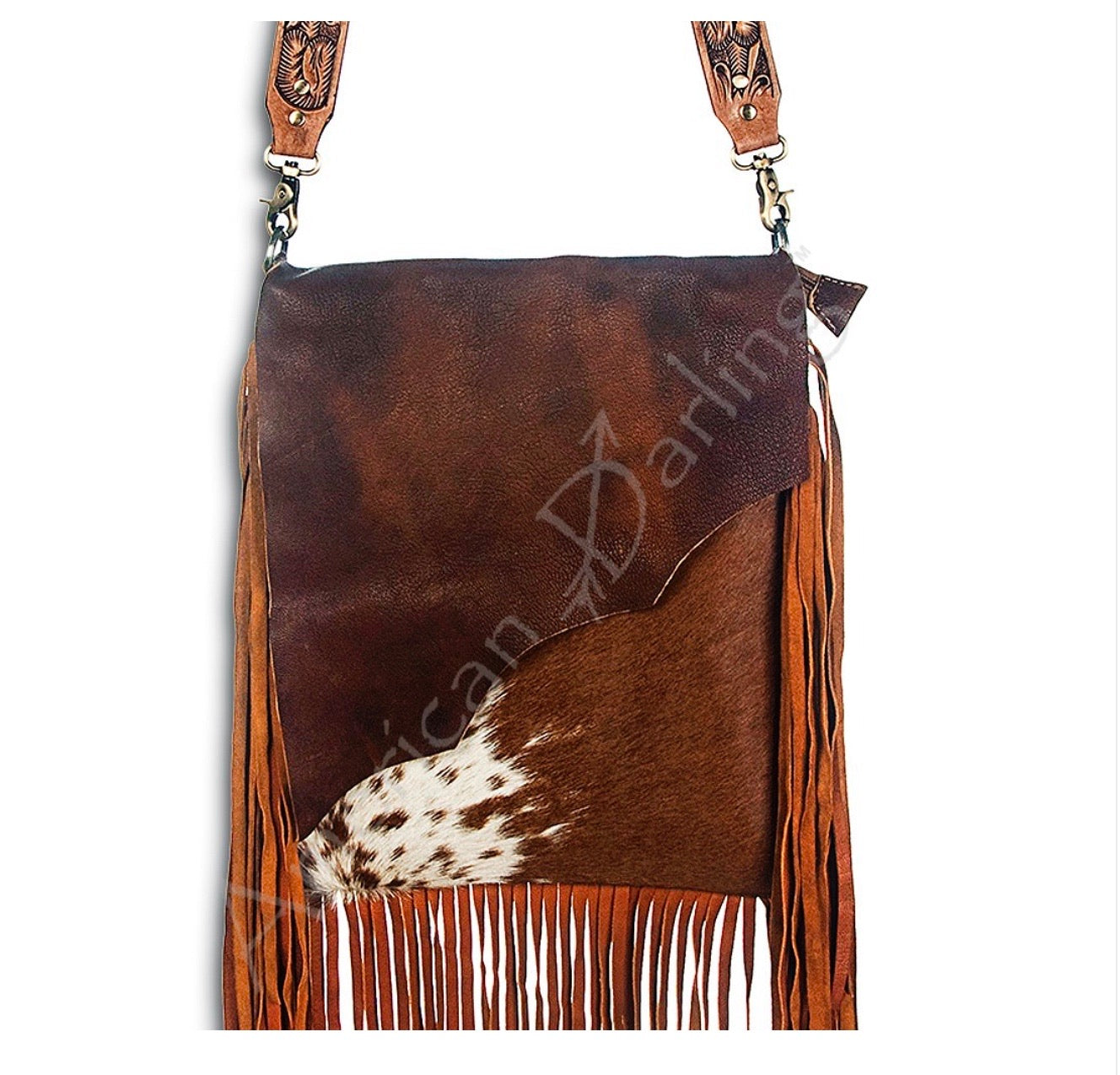 Purse with real leather fringe and tooled leather strap ADBGZ137TAW