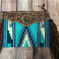 Saddle blanket clutch purse turquoise and navy w/ fringe and tooled leather trim ADBG236K