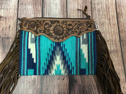 Saddle blanket clutch purse turquoise and navy w/ fringe and tooled leather trim ADBG236K