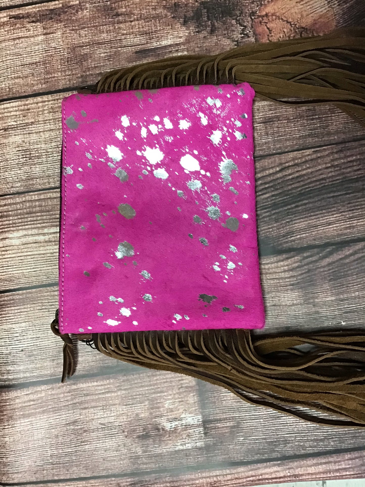 Pink Silver Splatter Hair on Cowhide Small Crossbody Purse with Fringe ADBG109PKACSLFRNG