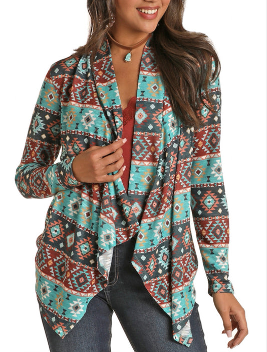 Outerwear Women’s Turquoise Aztec Waterfall Cardigan 46-1199