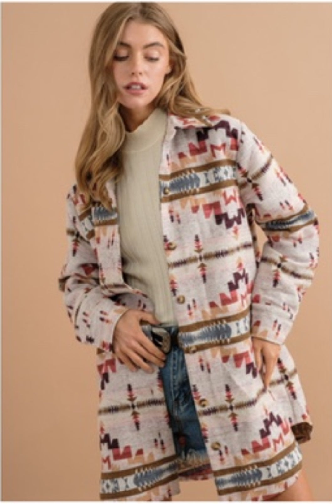 Outerwear Women’s Coat  Aztec Mid Length Long Button Up 32572J