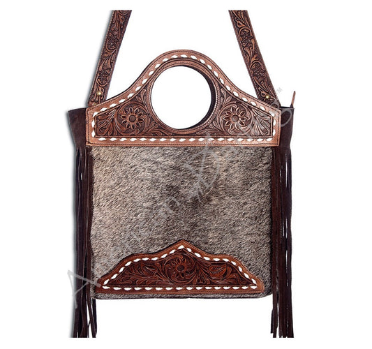 Purse all leather with fringe and tooled leather ADBG347BRAHBR