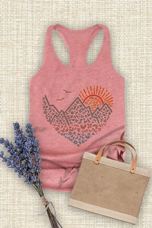 Shirts Women’s White and Dusty Rose Racerback Tee Mountain Heart