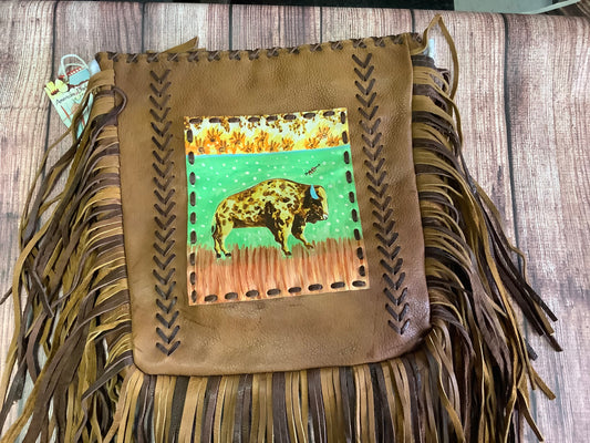Handbag large leather tote bag with hand painted trim and strap w/ buffalo / yellow design