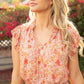 Shirts Women’s Salmon Floral Top with Pleated Sleeves and ruffled neck 32025-10