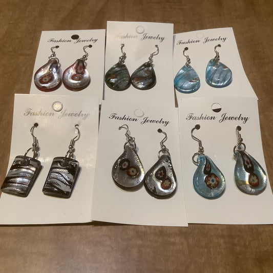 Glass earrings in a variety of colors and designs