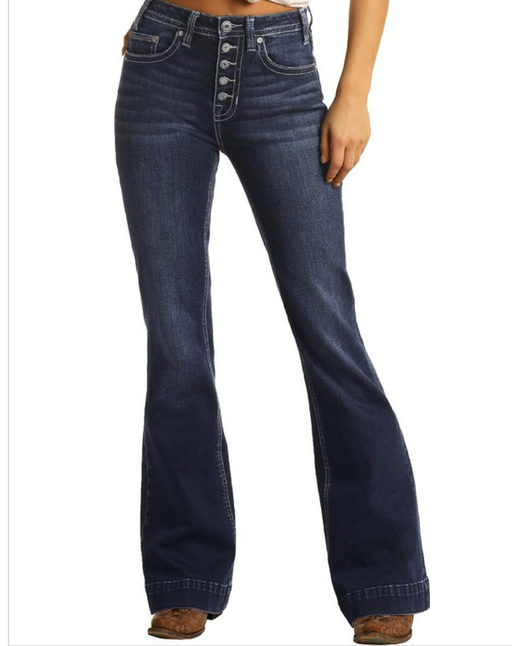 HIGH RISE EXTRA STRETCH BUTTON FLY TROUSER JEANS # W8H4165