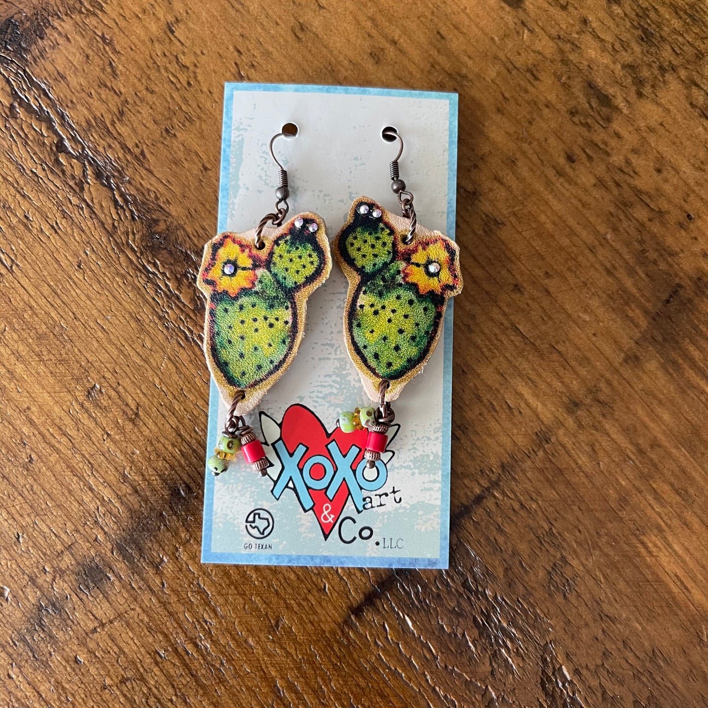 Jewelry Prickly Pear Leather Earrings Green Beads & Swarovski Crystals