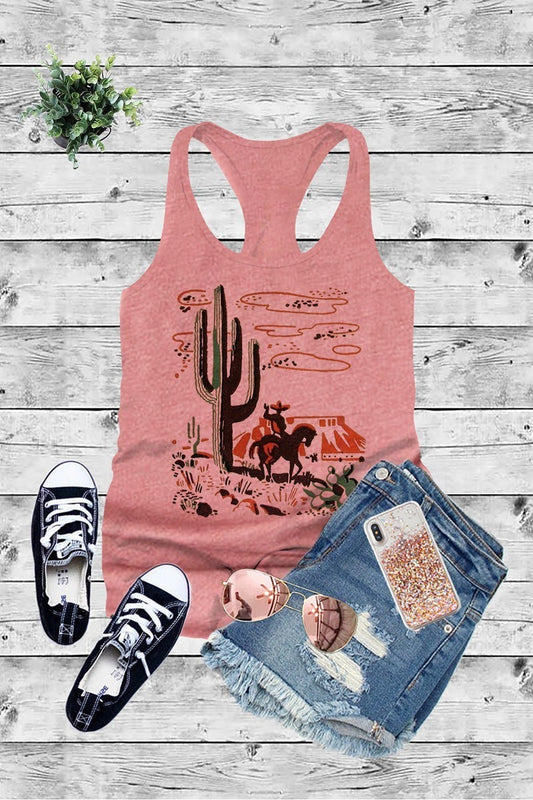 Racerback Tee (Three Colors) Cactus & Cowboy Desert Scene