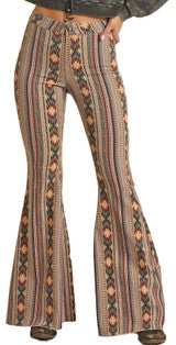 Jeans Women’s Rock and Roll HIGH RISE STRETCH TAN AZTEC BELL BOTTOM JEANS