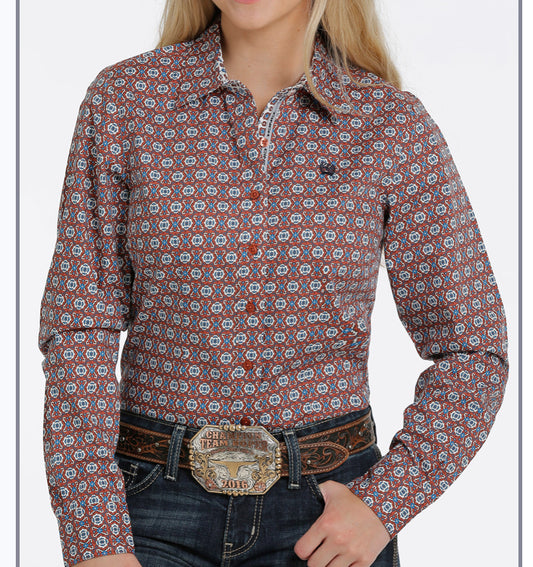 Shirts Women’s  Cinch Long Sleeve Button Down MSW9160517 Copper Blue White Aztec Print