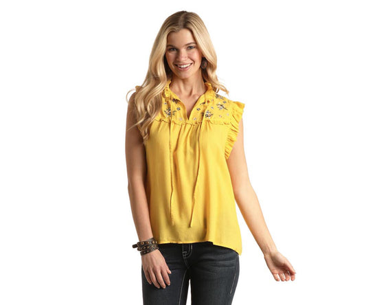 Shirts Women’s Ladies Ruffled Tank w/Embroidery Yellow