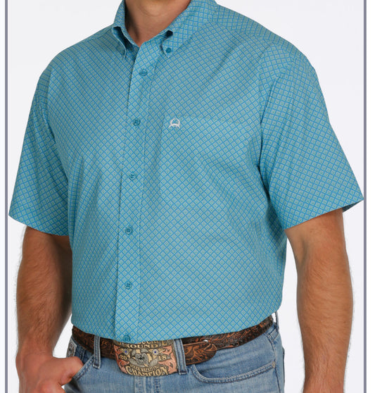 Shirts Men’s Cinch Arenaflex Short Sleeve Blue with Diamond Print MTW1704101