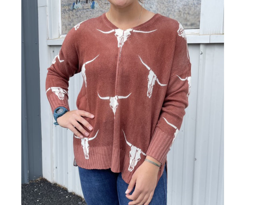 Shirts Women’s Rust Sweater with Longhorn Design RRWT32RZOP