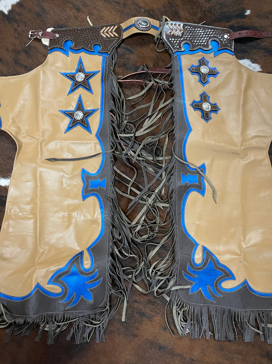 Chaps Star/ Cross Tan, Brown, & Metallic Blue Regular Youth Chaps