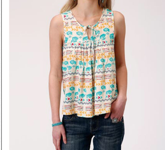 Shirts Women’s Sleeveless 03-052-0590-2062  Multi Print Buffalo Roam w/string tie Tie
