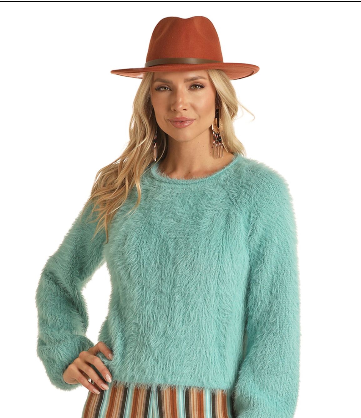 Shirts Women’s Rock n Roll Fuzzy Solid Turquoise Sweater RRWT32R042