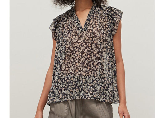 Pleated Ditsy Floral Smock Neck Blouse Black/Gray Multi