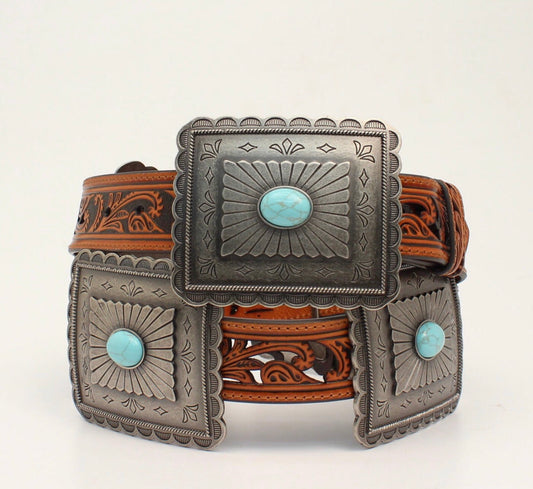 A1532108       Ariat Ladies Belt  Tan   1-1/2” Wide Strap  Pierced Strap  Large Rectangle Conchos with Turquoise Stones