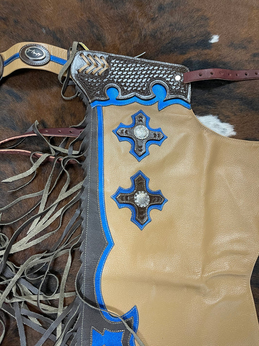 Chaps Star/ Cross Tan, Brown, & Metallic Blue Regular Youth Chaps