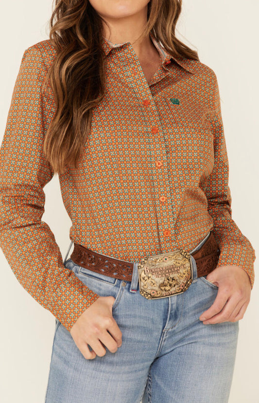 Shirts Women’s Cinch Button Up Orange/Teal floral pattern MSW9164172