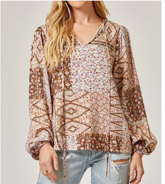 Shirts Women’s Patchwork multi-mocha colored floral print top balloon sleeves light weight Andree 3-036