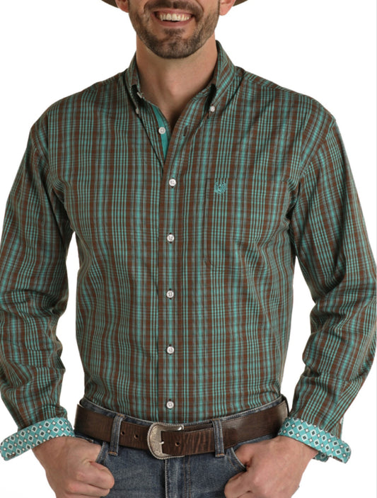 Shirts Men’s Panhandle REGULAR FIT STRETCH BROWN AND TURQUOISE PLAID SHIRT