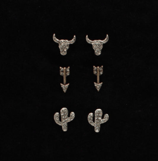 Jewelry earrings set of three cactus steer head and arrows 30959