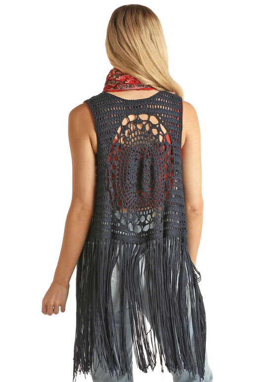 Vests Women’s Sale Exchange Only. Navy Blue Fringe at Hem RRWT38RZNZ