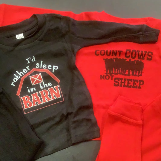 Kid’s Sleep in the barn and Count cows pajama set. Baby sizes. Shirts Kid’s