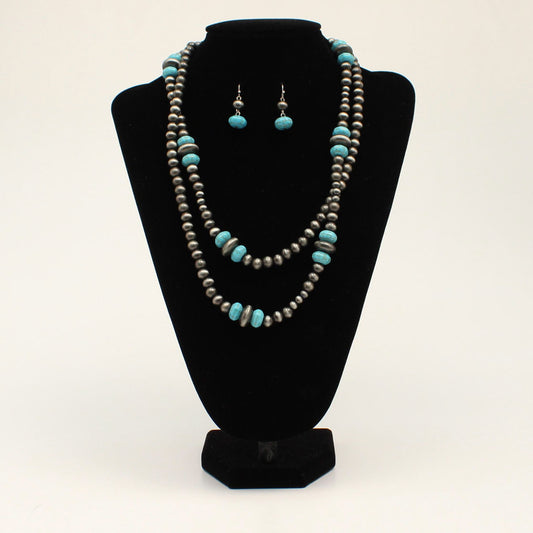 Turquoise and silver bead Necklace and Earring Set 30427