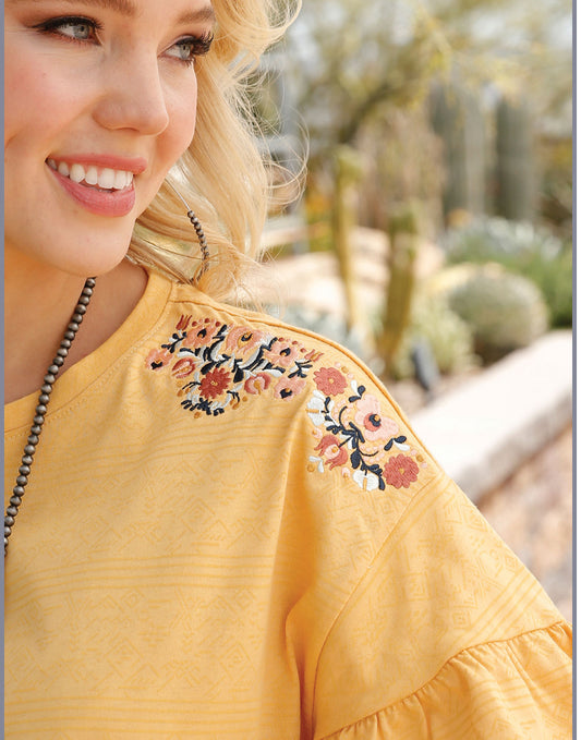 Shirts Women’s 3/4 Ruffle Top Yellow W/Embroidery CTK7255002